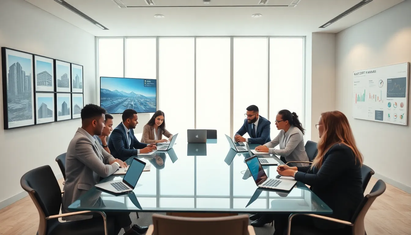 diverse real estate team collaborating with technology in a modern office.