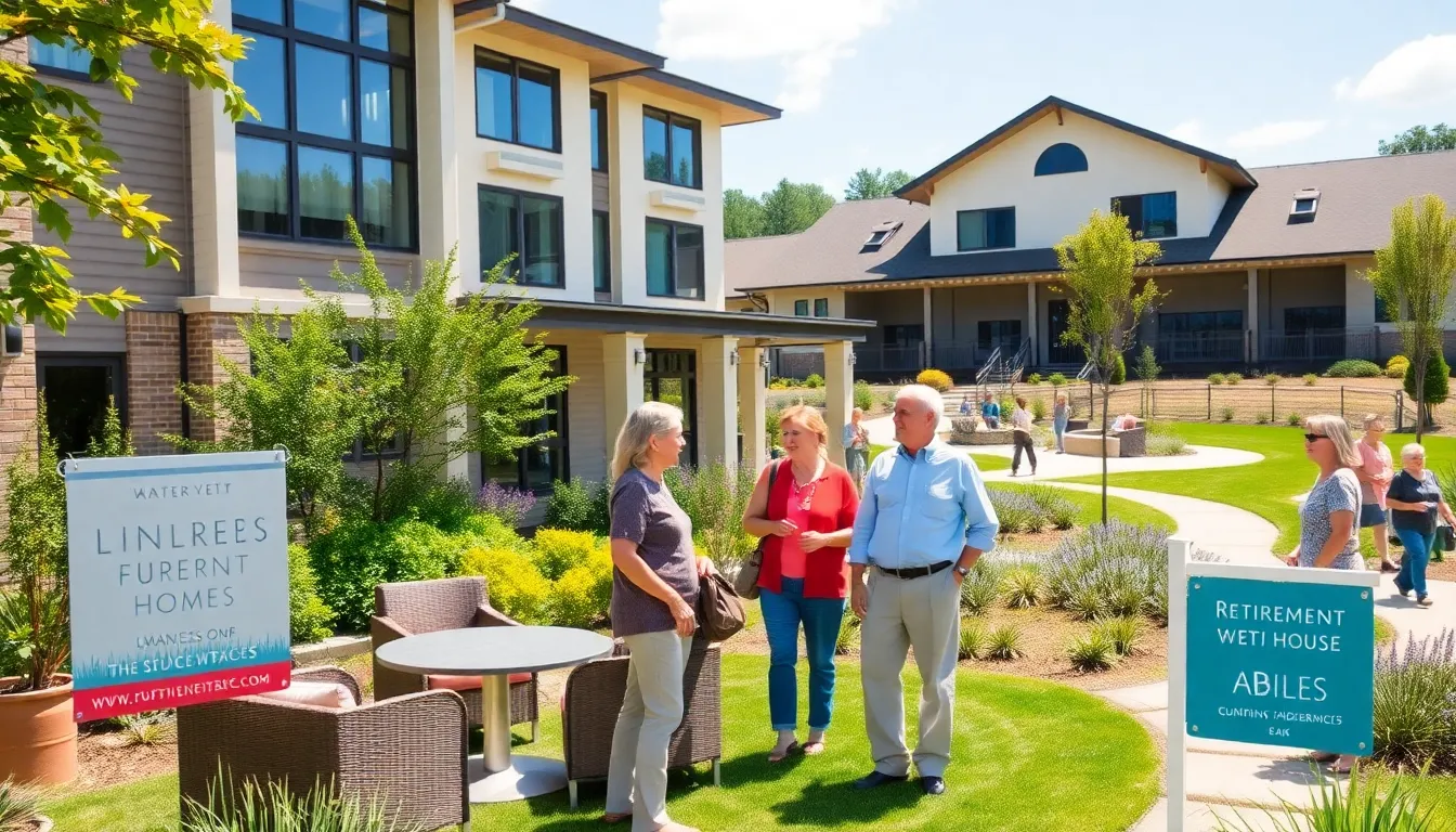 diverse group of seniors discussing in front of a retirement home for sale.